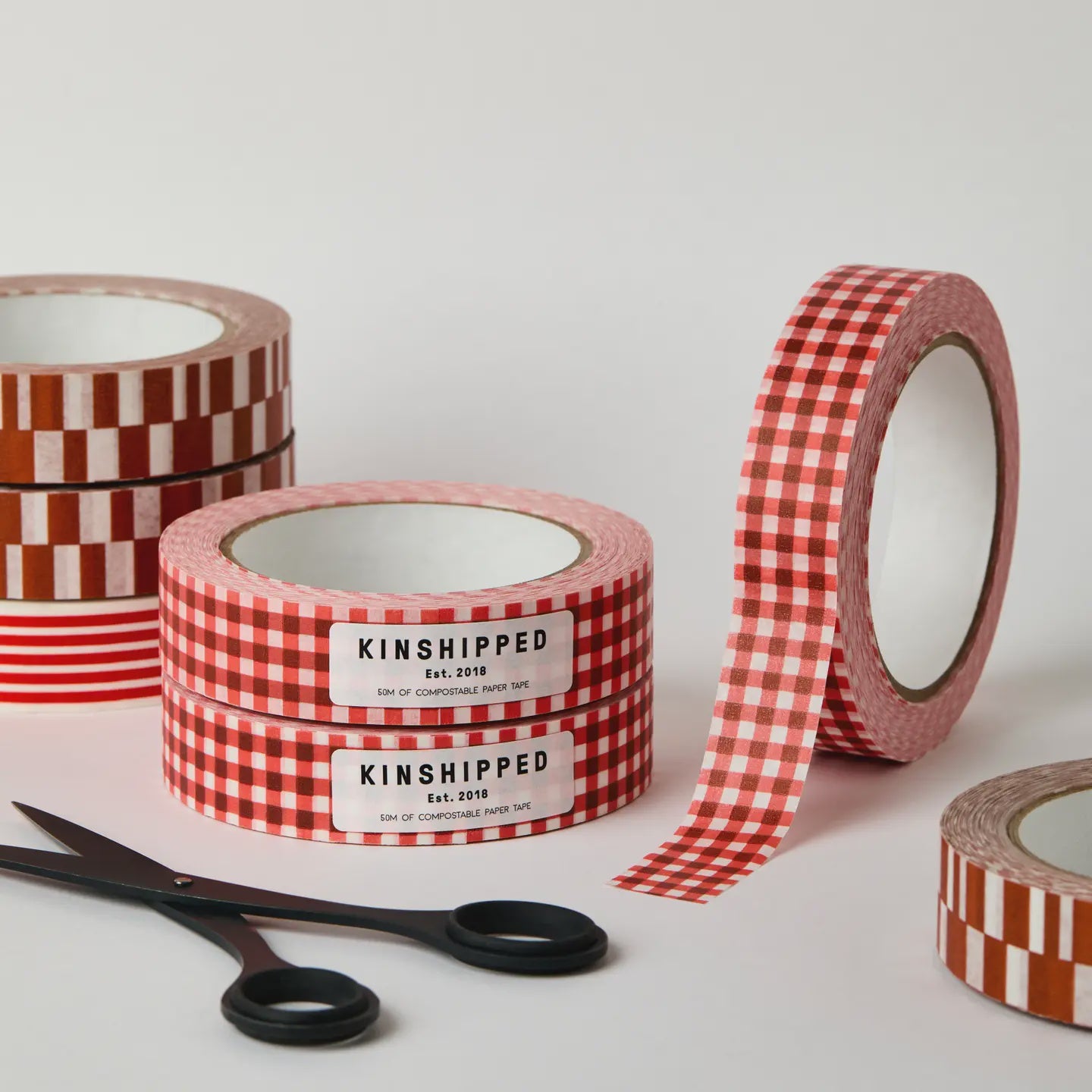 Kinshipped Red Gingham 50m Paper Tape