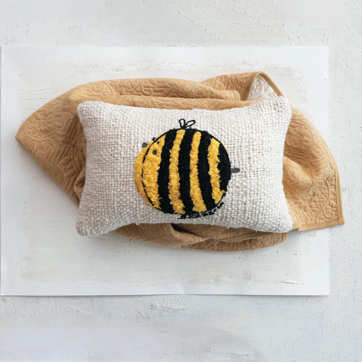 Woven Cotton Pillow w/ Embroidered Bee