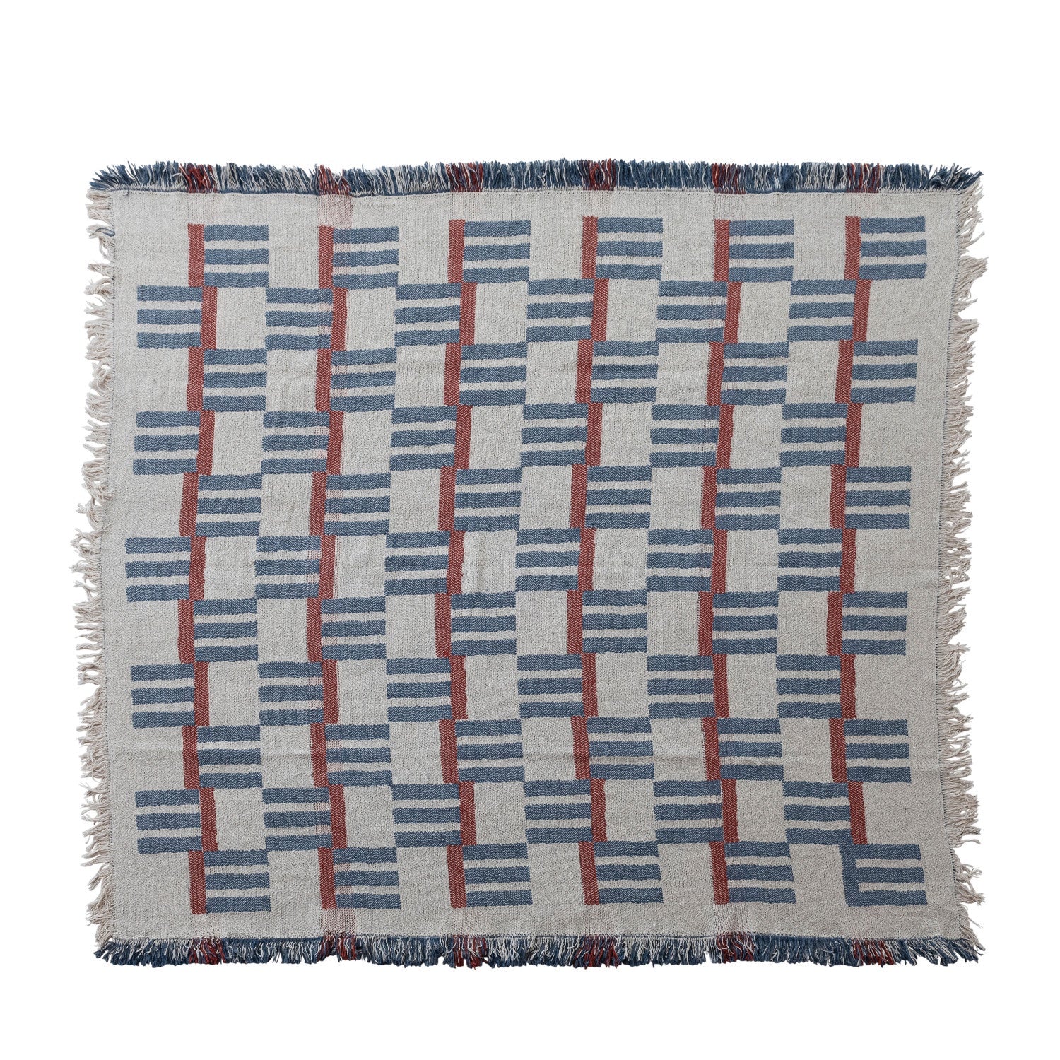 Woven Cotton Blend Jacquard Throw with Stripes/Block Pattern & Fringe