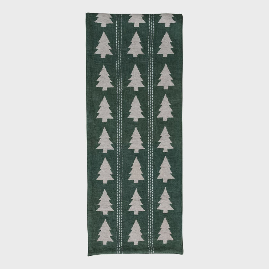 Table Runner with Trees Pattern, Embroidery & Stitching, Green & Natural