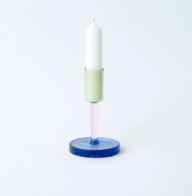 Glass Candlestick - Medium - Green / Pink / Blue