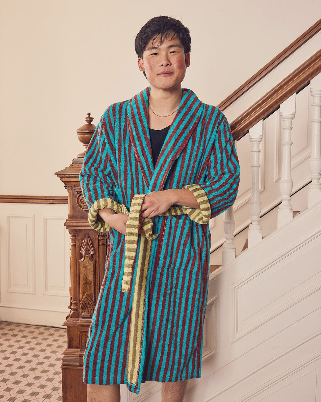 Dusen Dusen Dragonfly Stripe Plush Cotton Terry Bathrobe