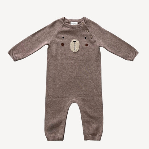 Bear Embroidered Long Sleeve Knit Baby Jumpsuit-Organic