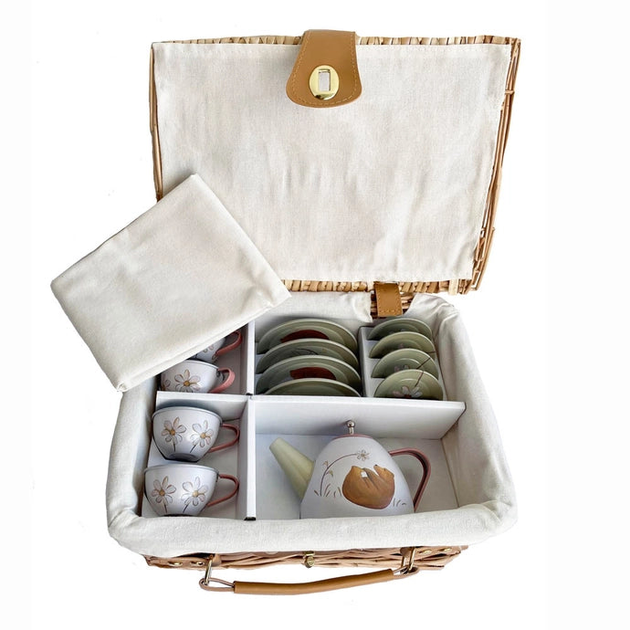 Tin Tea Set in Wicker Case
