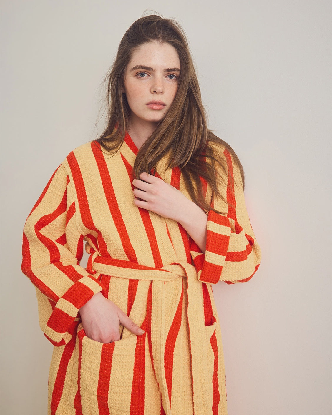 Dusen Dusen Warm Red Stripe Cotton Waffle Bathrobe
