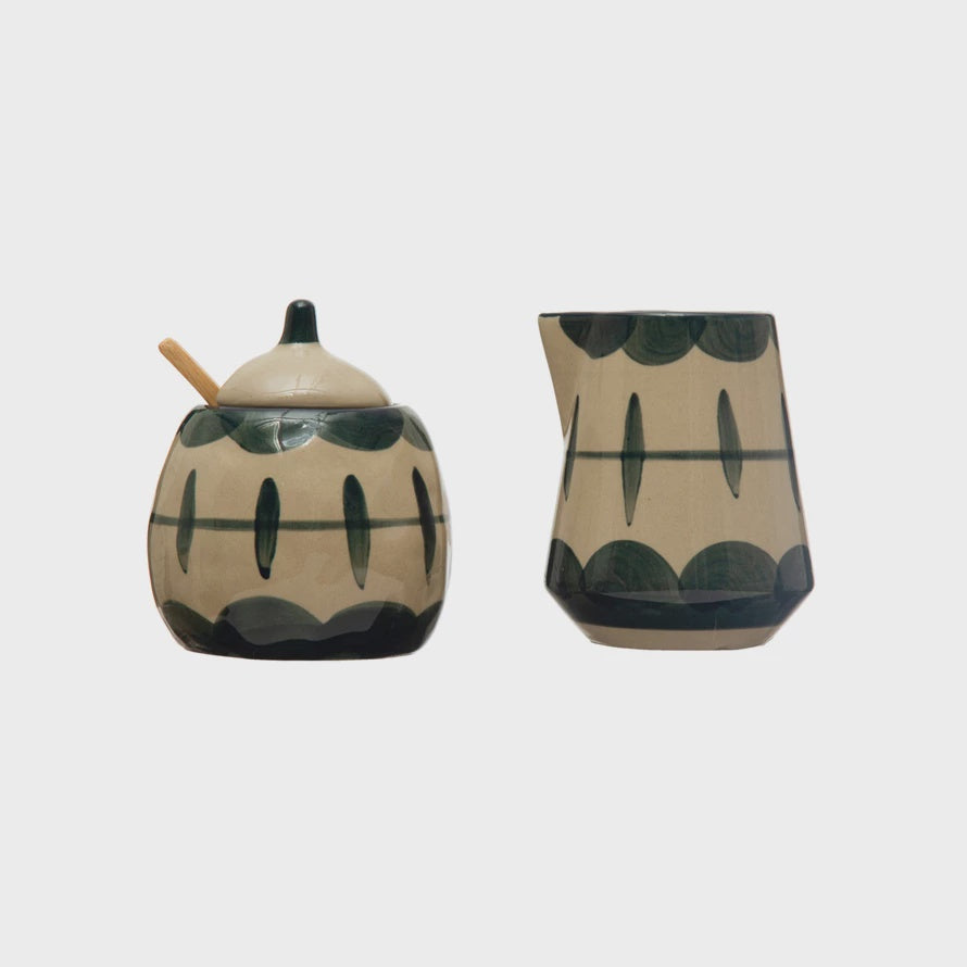 Hand-Painted Stoneware Creamer &amp; Sugar Pot w/ Bamboo Spoon