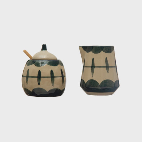 Hand-Painted Stoneware Creamer & Sugar Pot w/ Bamboo Spoon