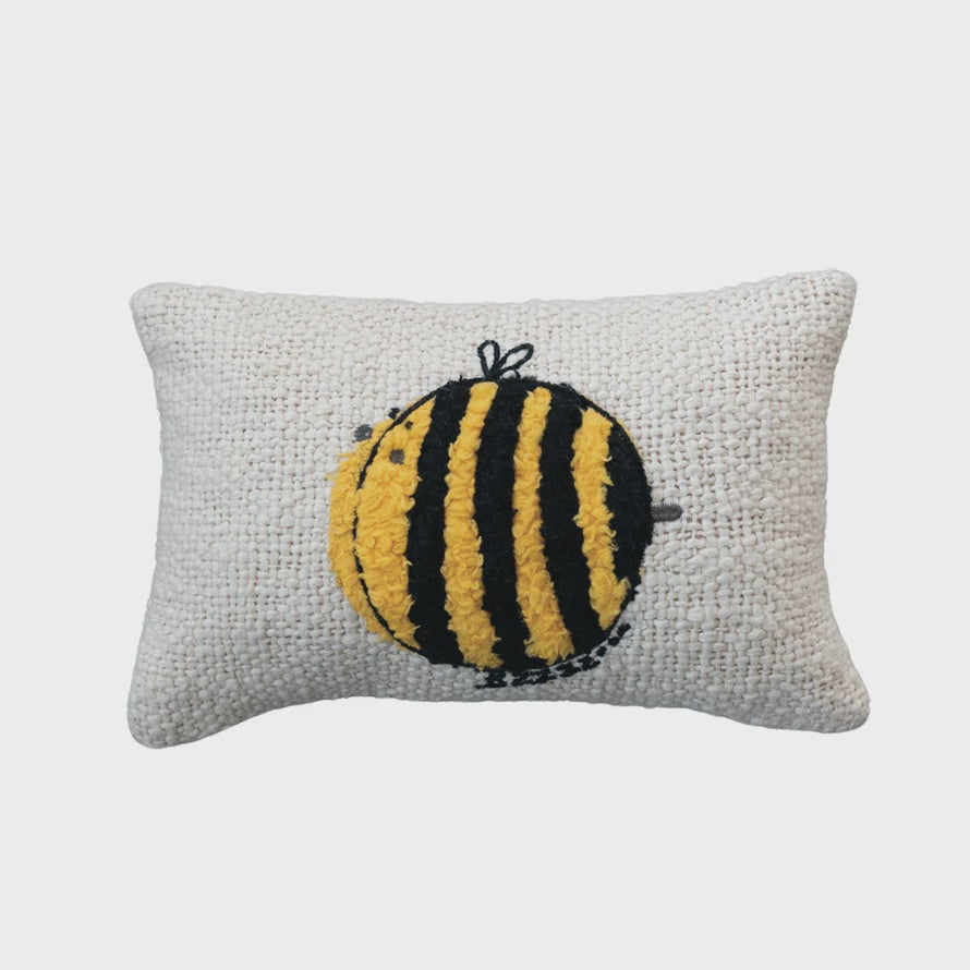 Woven Cotton Pillow w/ Embroidered Bee