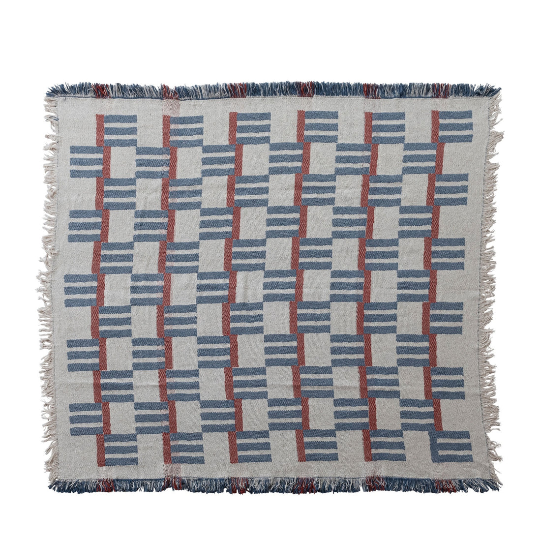Woven Cotton Blend Jacquard Throw with Stripes/Block Pattern &amp; Fringe