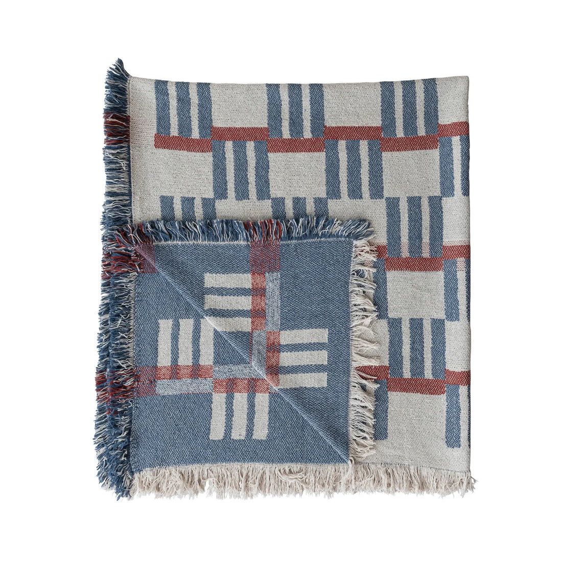 Woven Cotton Blend Jacquard Throw with Stripes/Block Pattern &amp; Fringe