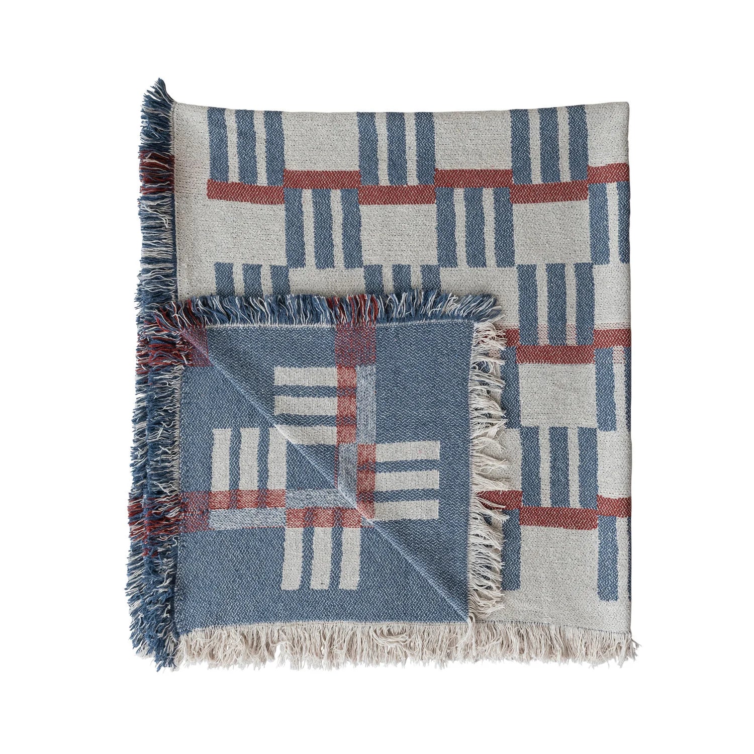 Woven Cotton Blend Jacquard Throw with Stripes/Block Pattern &amp; Fringe