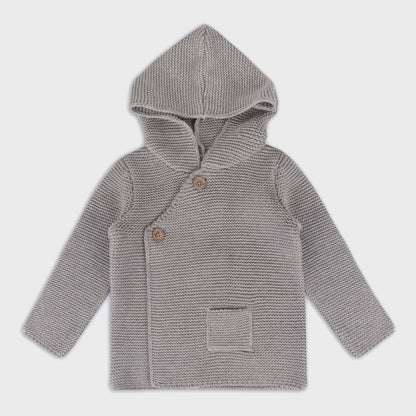 Hooded Button &amp; Pocket Sweater Knit Baby Jacket (Organic) | Heather Grey