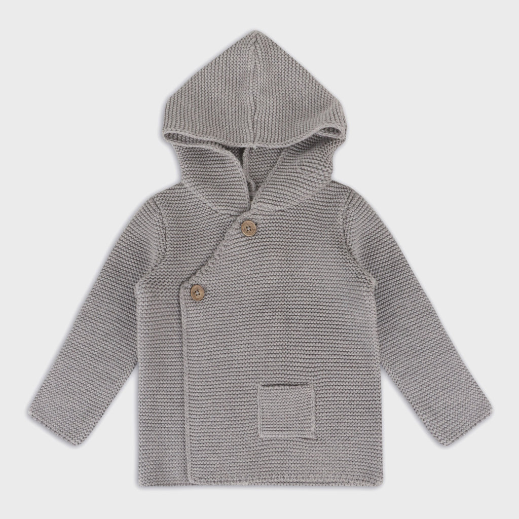 Hooded Button & Pocket Sweater Knit Baby Jacket (Organic) | Heather Grey