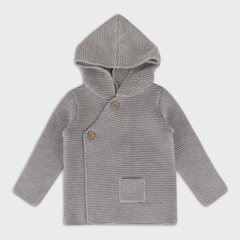 Hooded Button & Pocket Sweater Knit Baby Jacket (Organic) | Heather Grey