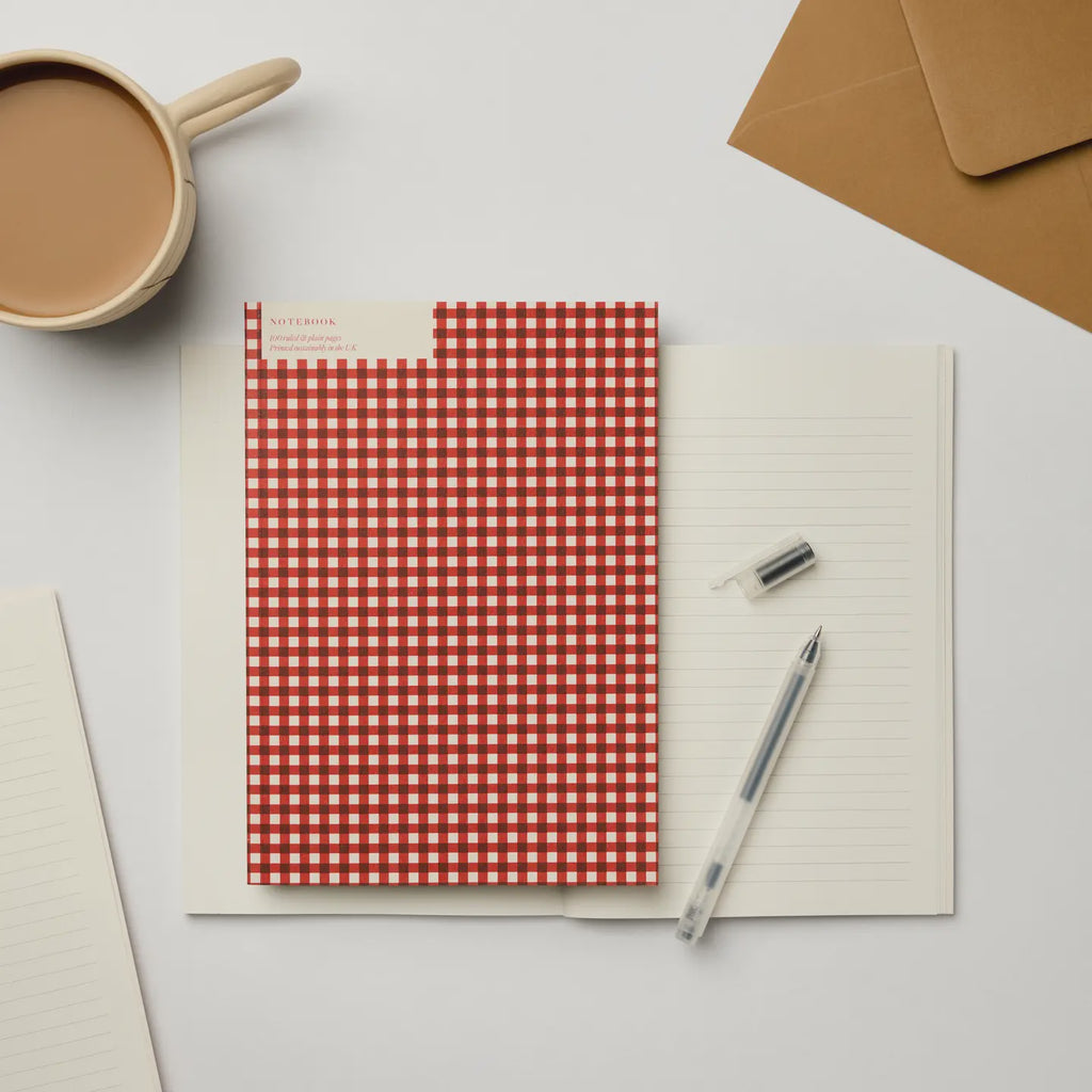 Kinshipped A5 Red Gingham Ruled + Plain Notebook