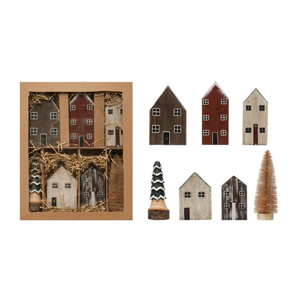Hand-Painted Pine Wood House Village, Set of 7