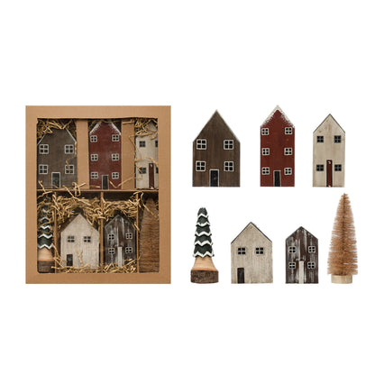 Hand-Painted Pine Wood House Village, Set of 7