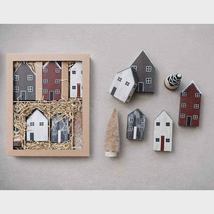 Hand-Painted Pine Wood House Village, Set of 7