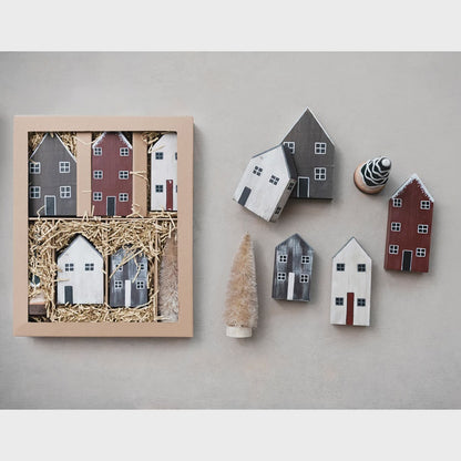 Hand-Painted Pine Wood House Village, Set of 7