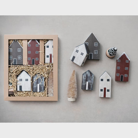 Hand-Painted Pine Wood House Village, Set of 7