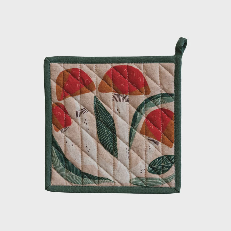 8&quot; Square Quilted Cotton Pot Holder w Mushrooms