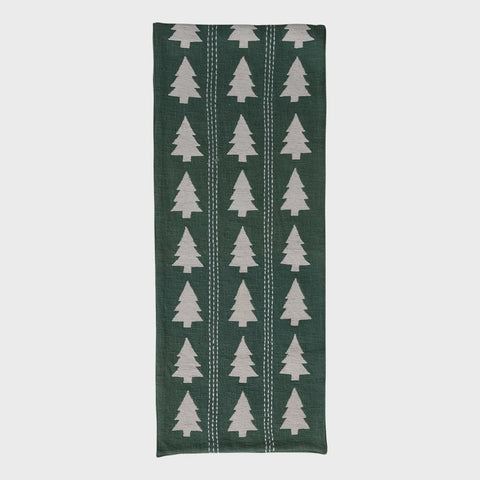 Table Runner with Trees Pattern, Embroidery & Stitching, Green & Natural