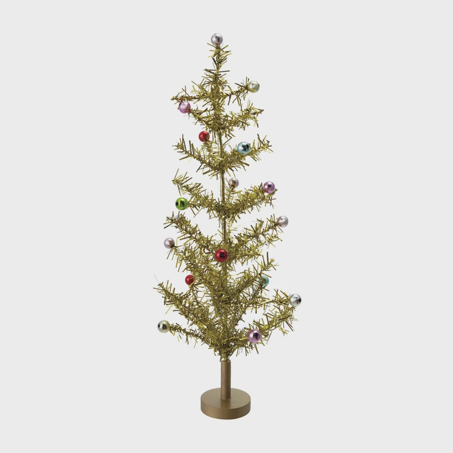 Tinsel Tree with Multi Color Ball Ornaments, Gold Finish
