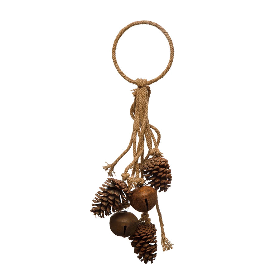 23-1/4"L Jute Rope Door Hanger with 2 Jingle Bells and Pinecones